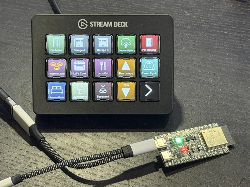 A 15-key Stream Deck showing HomeKit keys, plugged into an ESP32-S3 dev kit through an OTG adapter.
